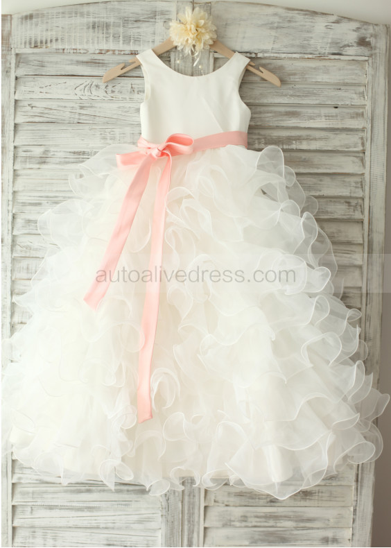 Ivory Satin Organza Ruffled Long Flower Girl Dress 